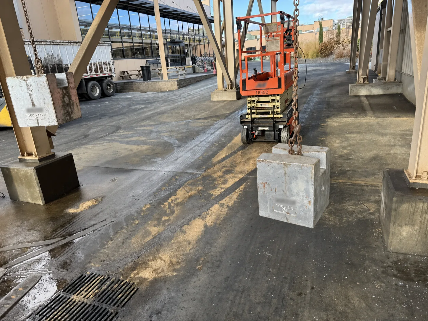 Certified test weights positioned for scale calibration